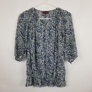 LA City 3/4 Sleeve Elastic Waist Blouse Size 2 Blue/White Floral